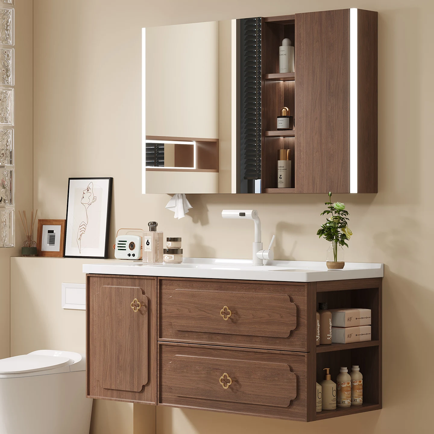 Wall Mounted Wooden Bathroom Cabinet Vanity Set Single Sink Furniture Bathroom Cabinet Vanity with Mirror and Basin