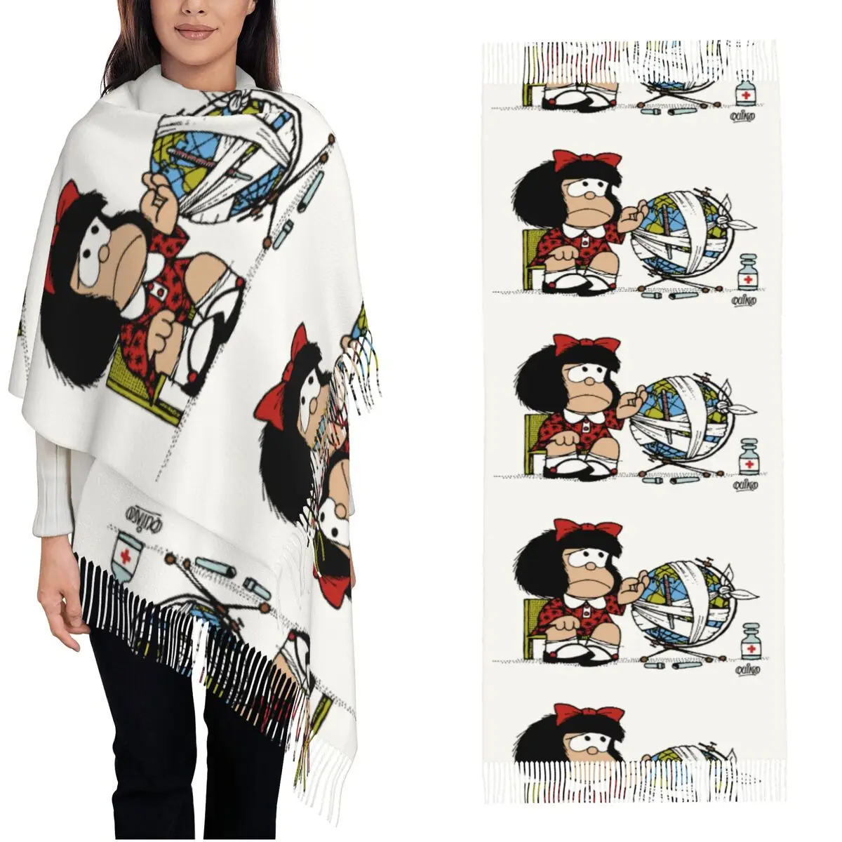 

Womens Tassel Scarf Kawaii Mafaldas Long Winter Fall Shawl Wrap Amine Cartoon Daily Wear Cashmere Scarf
