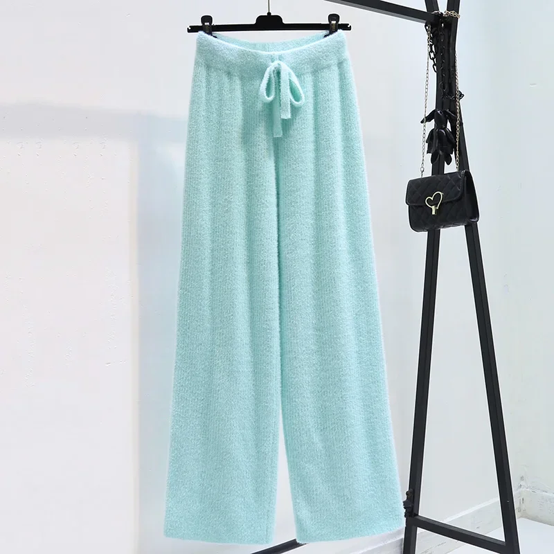 2024 Knitted Mink Cashmere Long Pants Women Winter Trousers Thickened Warm Casual Lace-up Elastic Waist Wide Leg Pants A940