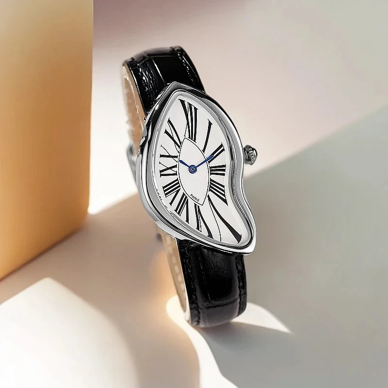 ساعة كوارتز فاخرة للرجال ريترو كاش الإبداعية ذوبان الملتوية ساعة رجالية غير منتظمة حافظة جلدية الفولاذ المقاوم للصدأ الرجال Y2K