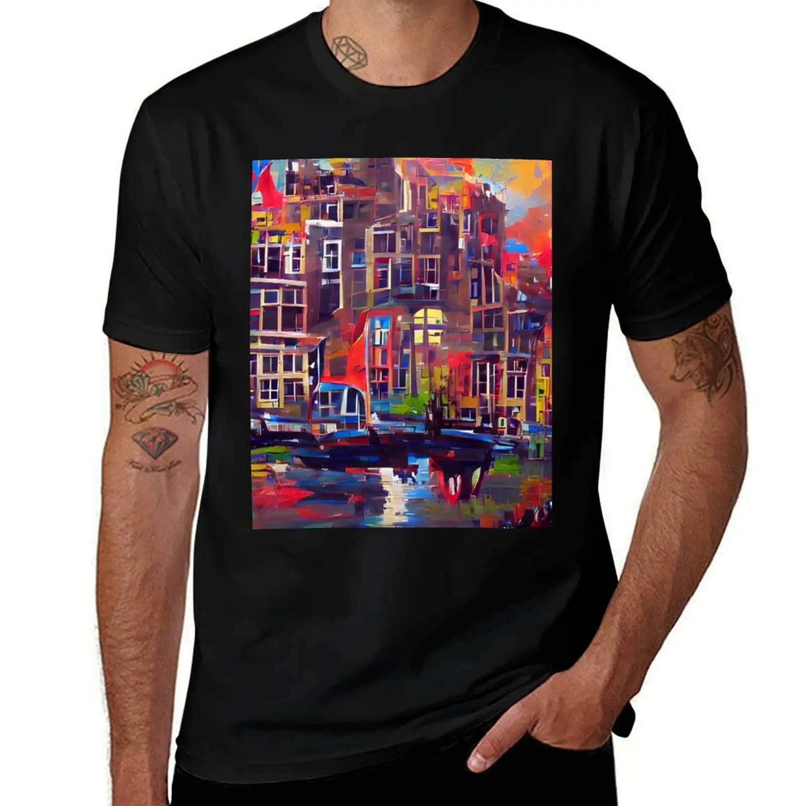 Painted Sky City Artificial Inteligence Generated Art T-Shirt shirts graphic tee quick drying mens graphic t-shirts hip hop