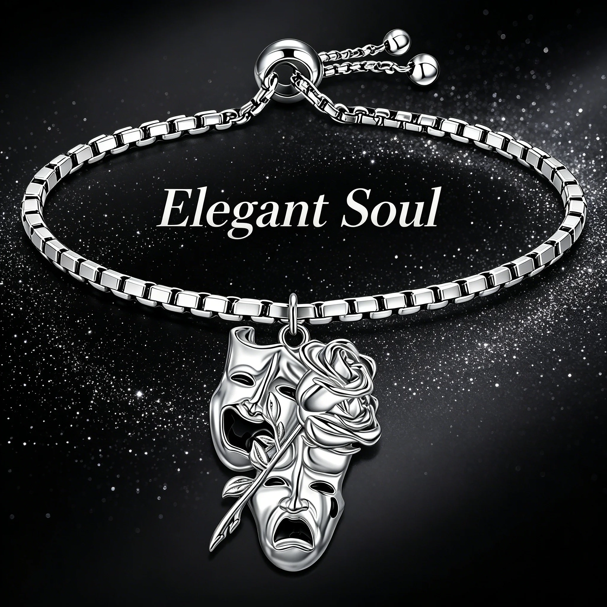 Pulsera de Cadena Ajustable con Relieve de Rosa y Máscara Dramática para Mujer, Brazalete Pulido con Temática Teatral (Tragedia y Comedia), Joyería Artística y Elegante, Regalo para Amantes del Teatro Dramático, Uso Diario Informal