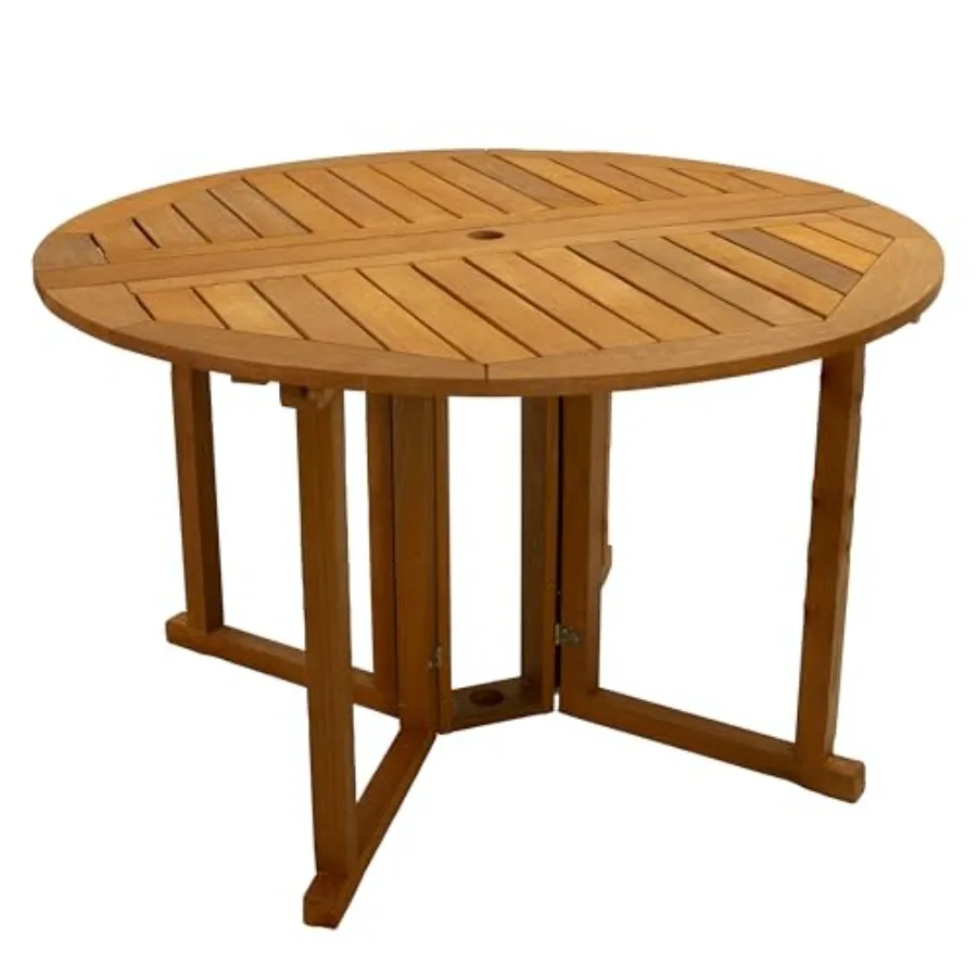 Outdoor dining gatherings: Malaysian wood folding patio table with gateleg design, teak oil finish, space-saving, includes umbr