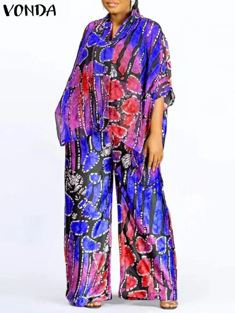 Plus Size 5XL VONDA Summer Bohemian Long Pants Sets 2024 Women Vintage Printed Suits 3/4 Sleeve Casual Top Long Pants Loose Sets