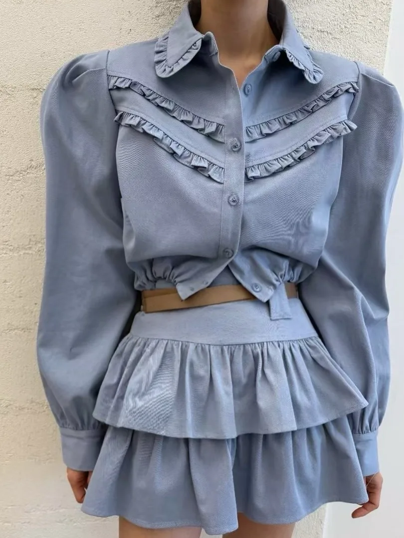 

Korean Sle Women's Faion Set Autumn 2025 Design Sense Wooden Bubble Sve irt with Waist Belt f Skirt