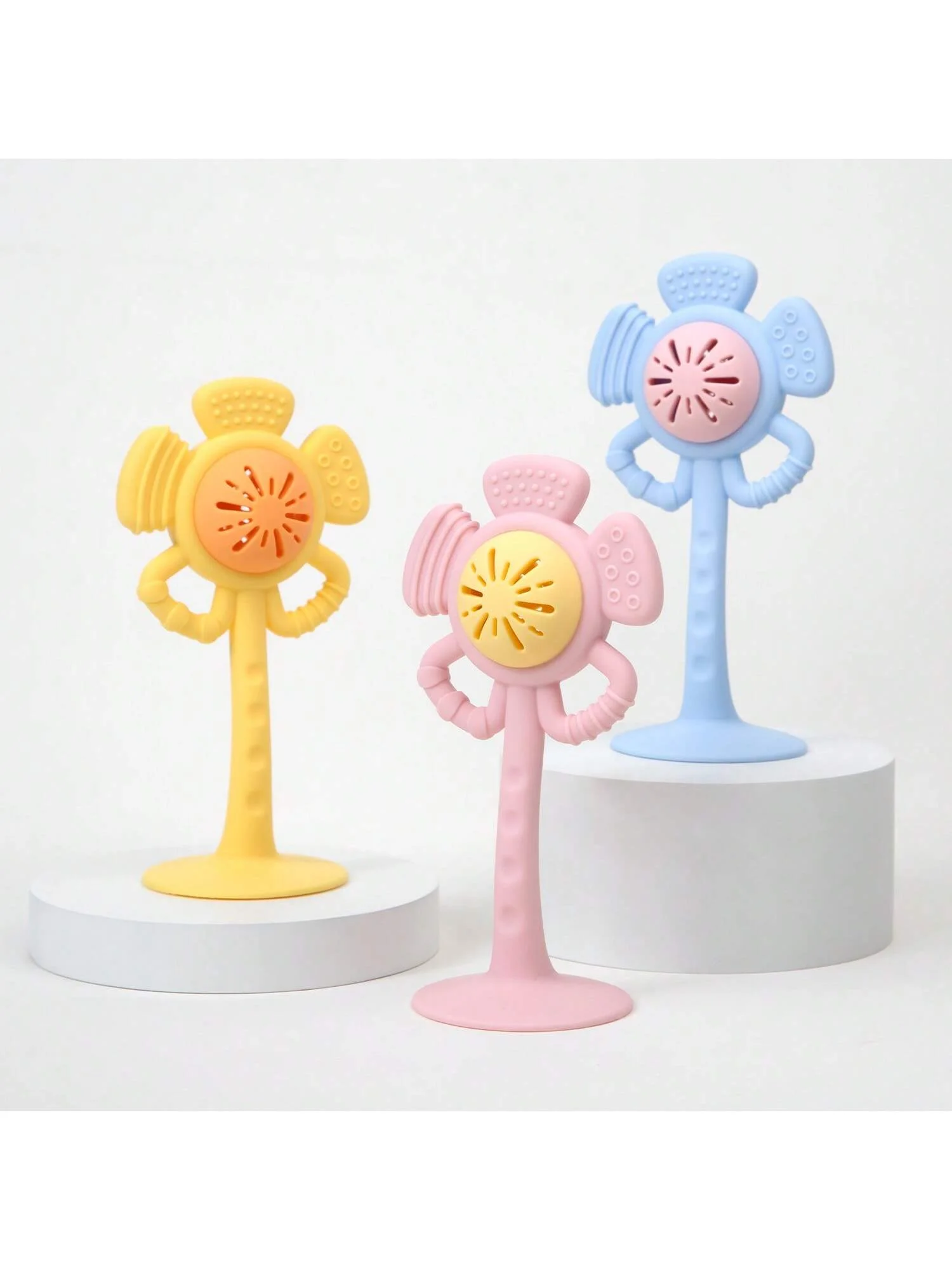 1 szt. Silikonowa zabawka do ssania w kształcie kwiatka. Grzechotka i gryzak sensoryczny dla niemowląt. Bez BPA, bezpieczny i idealny do rozwijania umiejętności motorycznych.