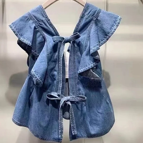 Blusas Mujer De Moda Verano Elegantes Women\'s V-neck High Waist Slim Ruffled Back Lace Up Denim Shirts Blouse Women Doll Top