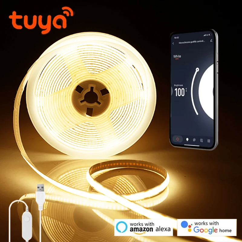 5V USB Tuya Smart Life WiFi COB LED Strip,1M 2M 3M 5M White/Warm White Dimmable COB LED Strip Light Work With Alexa Google Home