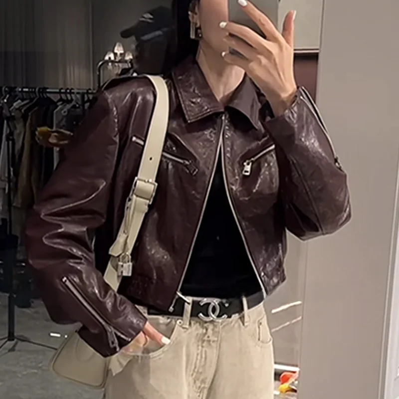 Chen sra. 2024 outono novo sle motocicleta couro jaet emagrecimento fino ajuste vintage eepskin longo sve casaco feminino