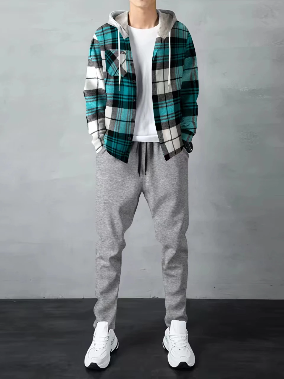 Cross-border 2024 Spring and autumn new men's leisure sports hooded plaid long sleeve - solid color slim pants fashion two sets