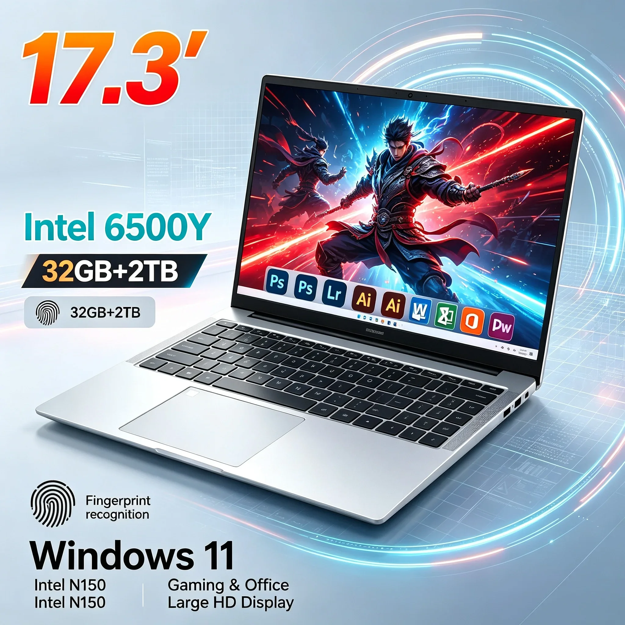 17.3'' Inch Big Screen HD Notebook Intel 6500Y 32GB RAM 1TB 2TB SSD Win11 WiFi6 BT5.2 Portable PC For Study Office Daily Work