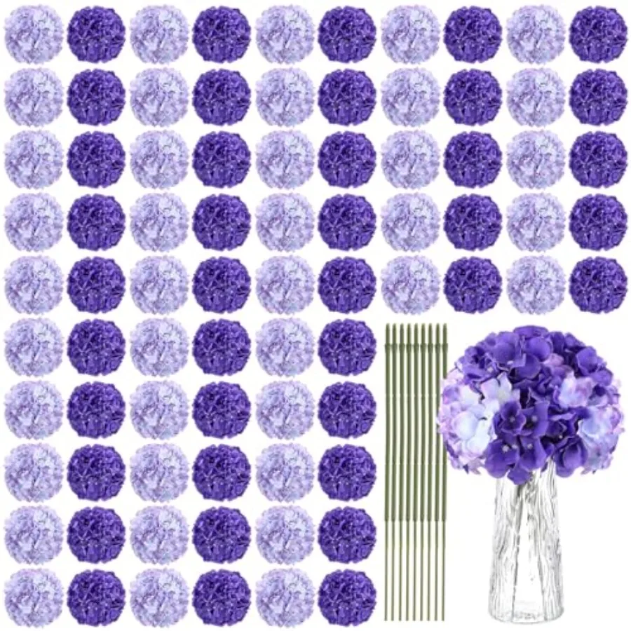 

Wedding centerpiece and home decor: 100 pcs silk hydrangea flower heads with stems, dark light purple, realistic faux flowers f