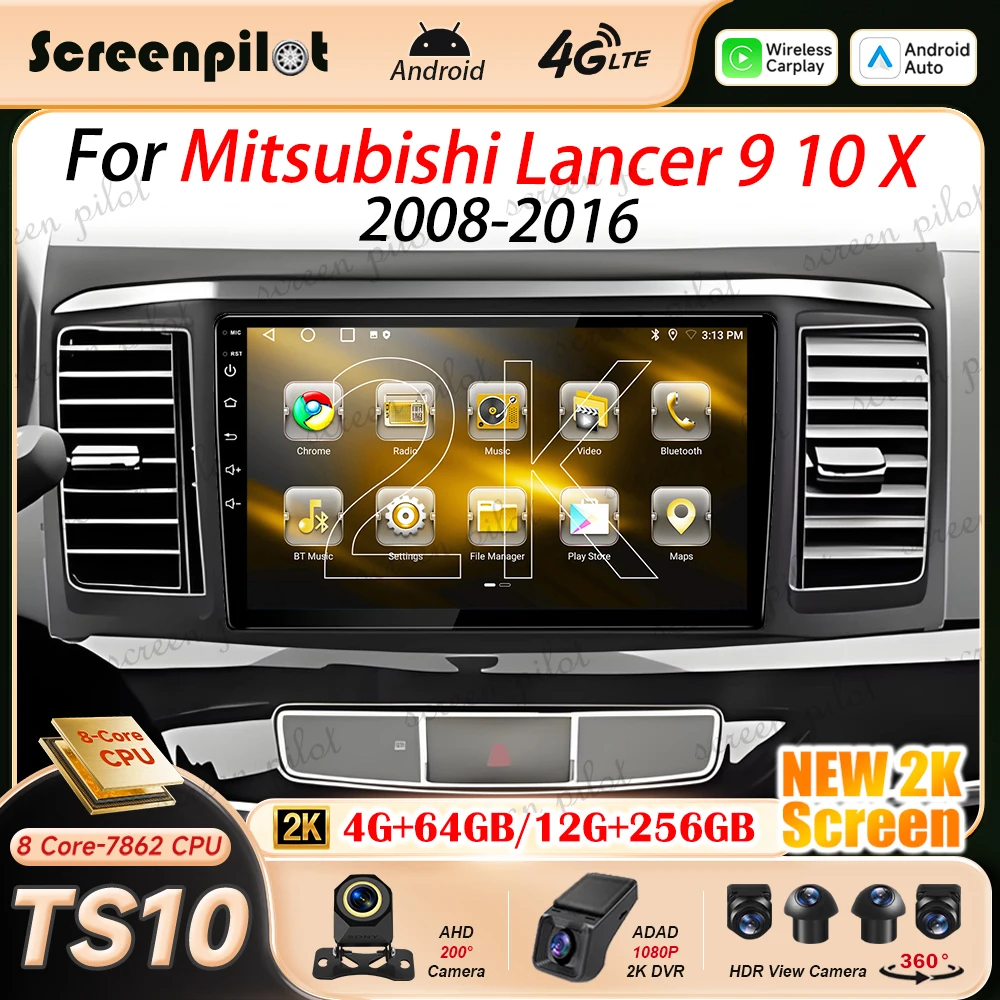 Android 16 Car Radio Stereo For Mitsubishi Lancer 9 10 X 2008 2009 2010-2016 2K QLED Multimidia Player GPS Carplay Android Auto