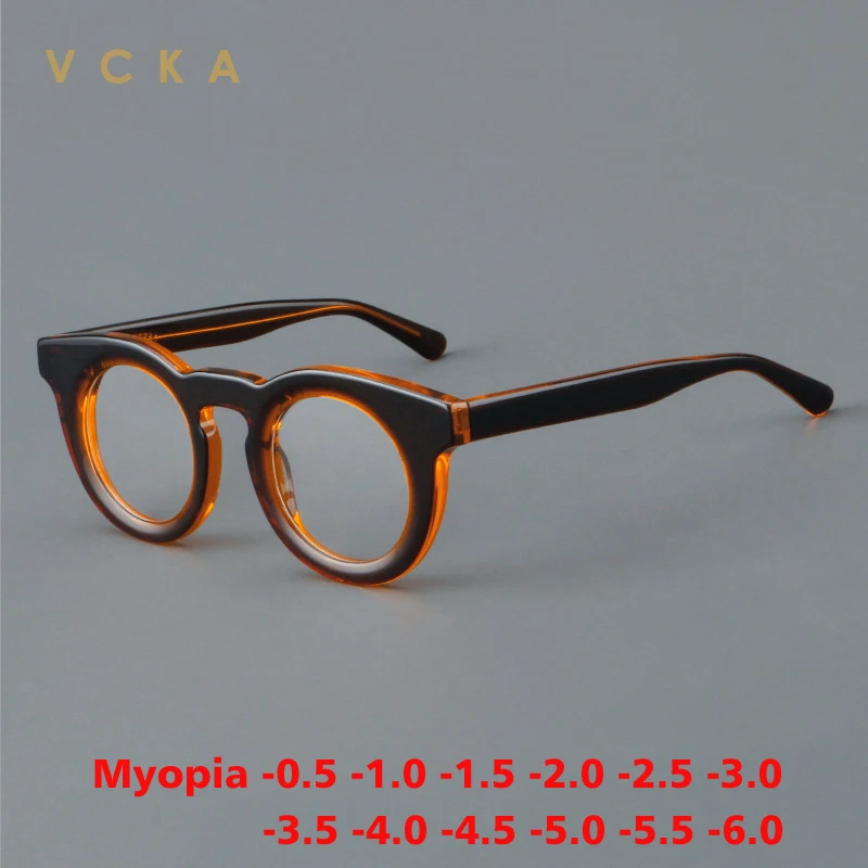 VCKA Thicken Acetate Myopia Eyewear Frames Men Women Vintage Round Optical Glasses Fashion Prescription Eyeglass -0.50 to -6.0