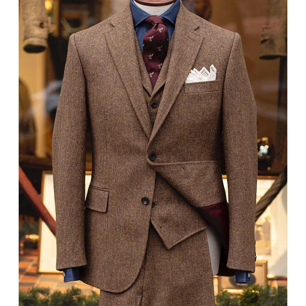 

Mens Herringbone 3 Piece Suit Set Single Breasted Casual Business Suits for Men Comfortable Breathable Office Wear Blazer Pant V