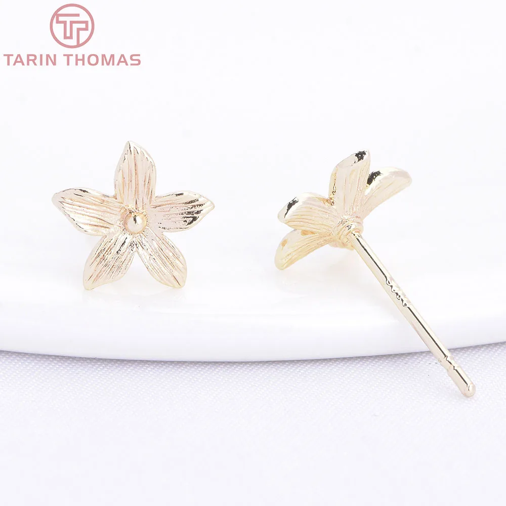 (10585) 10PCS 8.5x8MM 24K Gold Color Brass Brushed Flower Shaped Stud Earrings High Quality DIY Jewelry Findings Wholesales