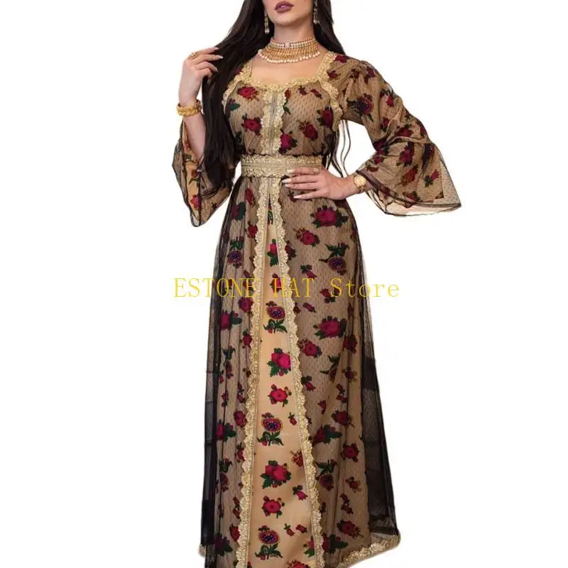 49MF ผู้หญิง Ramadan อาหรับดูไบชาติพันธุ์ Maxi ชุดเย็บปักถักร้อยลูกไม้แขนยาวมุสลิม Kaftan พิมพ์ลายดอกไม้ตาข่าย Belted Robe Gown