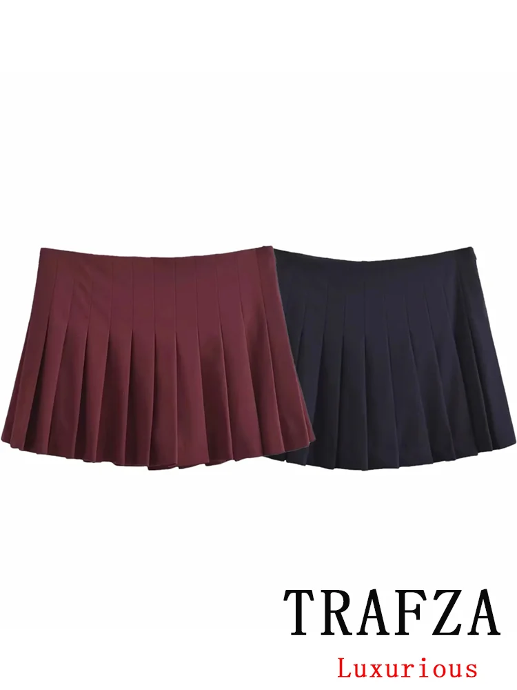 TRAFZA Vintage Casual Chic Burgundy Women Skirt Solid Zippers Short Pleated Skirt Fashion 2024 Autumn Winter Y2K Girl Mini Skirt