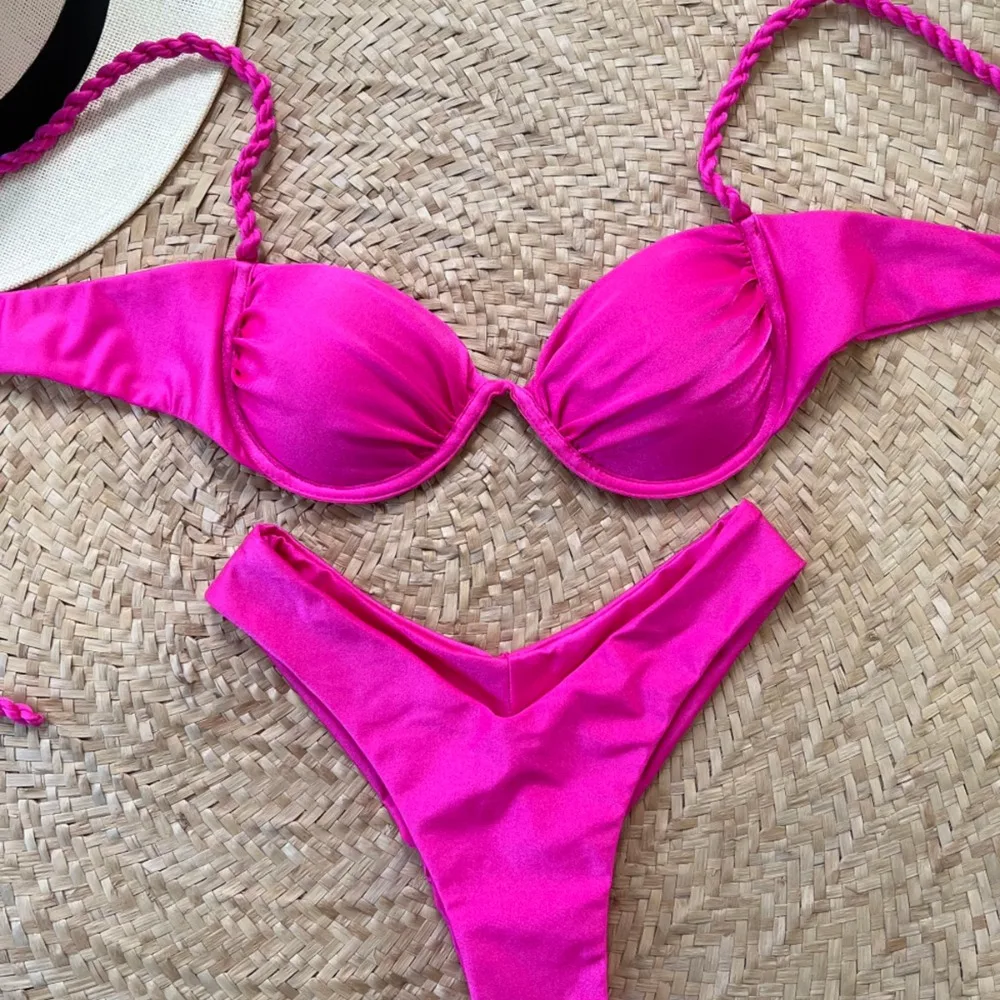 Sexy Bikini Set Brazilian Biquini Swimming Suit Push Up Bikini 2024 Sexy Women Swimsuit Female Swimwear Solid Shiny Beachwear