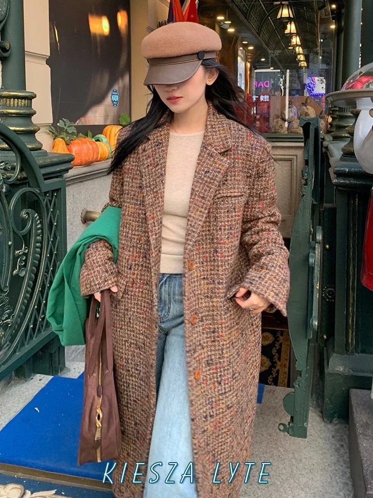 Kiesza lyte 2024 Fashion Street Design Plaid Wool Jacket for Women Autumn Winter Retro Korean Long Woolen Overcoat Tweed Coats