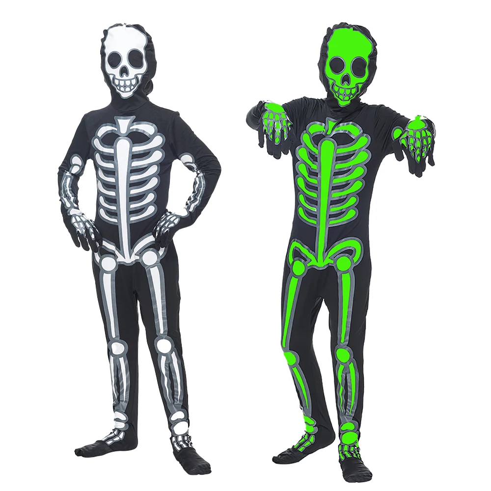 

Halloween Children Skeleton Costumes Cosplay Horror Glow in The Dark Zombies Skull Kids Party Carnival Jumpsuit Props Deluxe