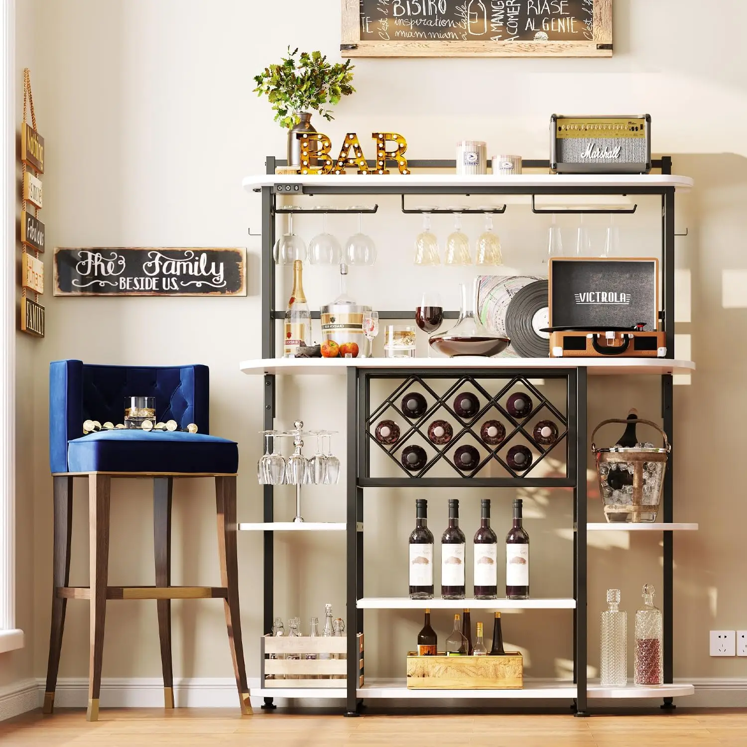 Wine Rack with LED Light, Bar Table Cabinet with Glass Holder, Freestanding Coffee Bar Storage Shelves, 5-Tier Liquor Cabinet