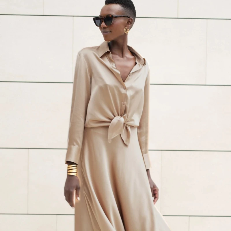 ฤดูใบไม้ผลิ 19 มม.ผ้าไหม 100% ผู้หญิง Designer Luxury Elegant เสื้อแขนยาว Silky ซาตินเสื้อทํางาน SLIM FIT การออกแบบที่ไม่ซ้ํากันเสื้อผ้า