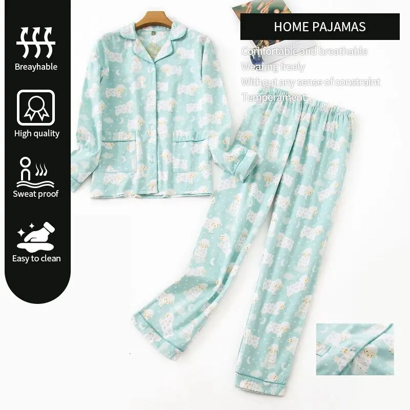 Women\'s New Printed Checkered Long Home Casual Pajama Set Women\'s Long Shirt Button Top and Long Elastic Pants Pajama Set