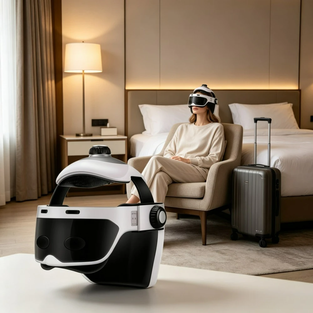 Integrated Head and Eye Massager Helmet Scalp Neck Massage Instrument Voice Guidance Wireless for Home Relax Travel Office