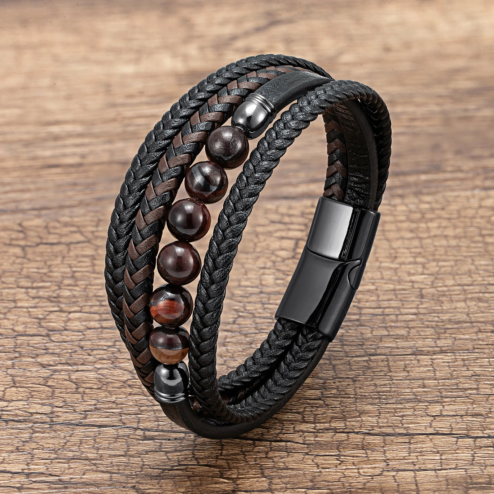 Natürliches Rundes Lavastein-Perlenarmband für Männer, Mehrschichtiges Geflochtenes Lederarmband, Modisches Tigerauge-Schmuckstück, Geschenk für den Freund – Detail 10