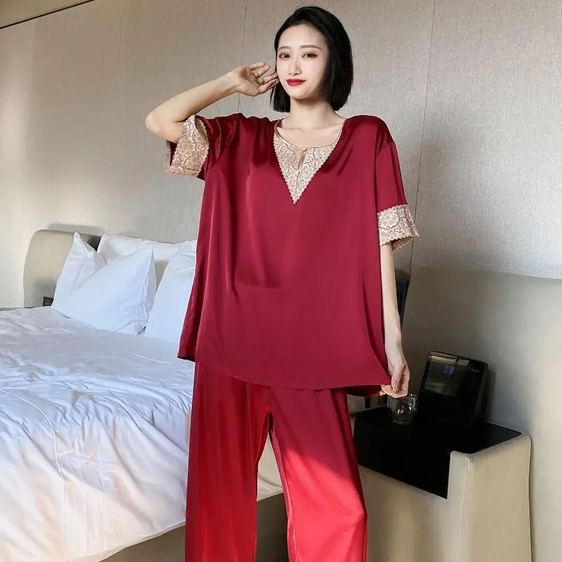 Silks Sleepwear Women Large Size Pajama Sets Lace Patchwork Tops Pants Two Pieces Loungewear V-neck Nightwear Luxury High-end