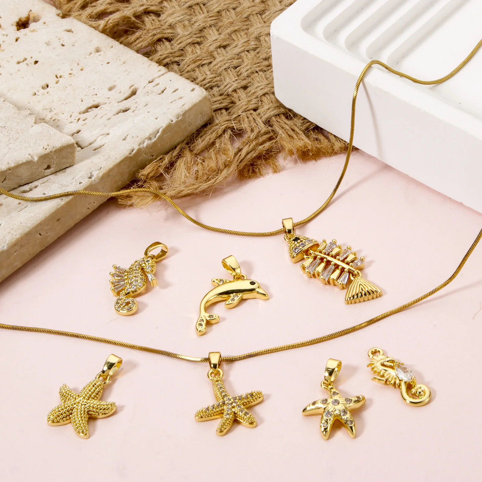 2pcs Fish Brass Charms Gold Plated Fish Starfish Dolphins With Transparent Zircon Pendant For Diy Summer Ocean Jewelry Findings