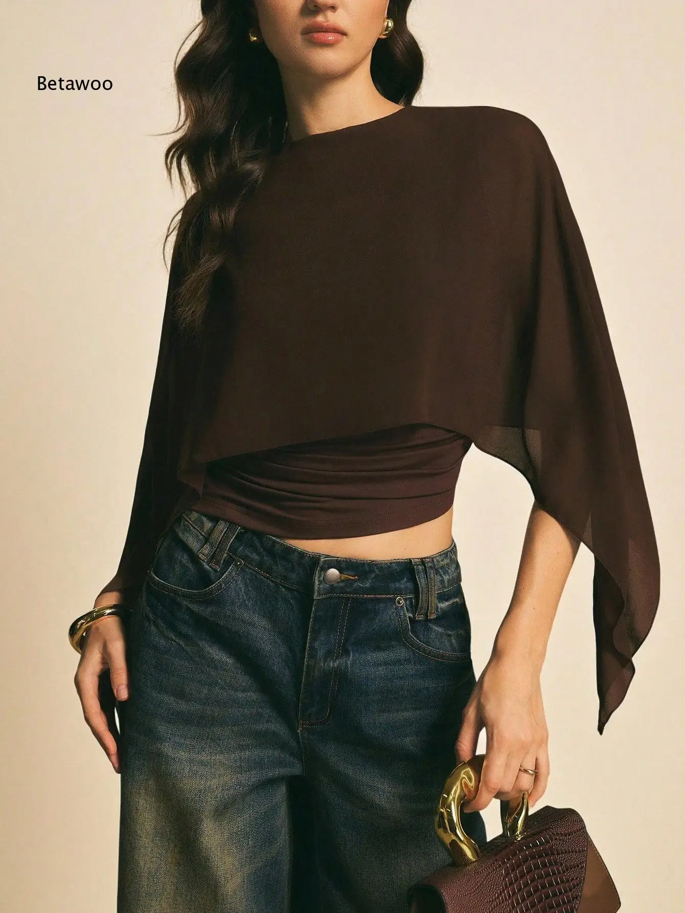 Round Neck Chiffon Cape Overlay Fitted Brown Top