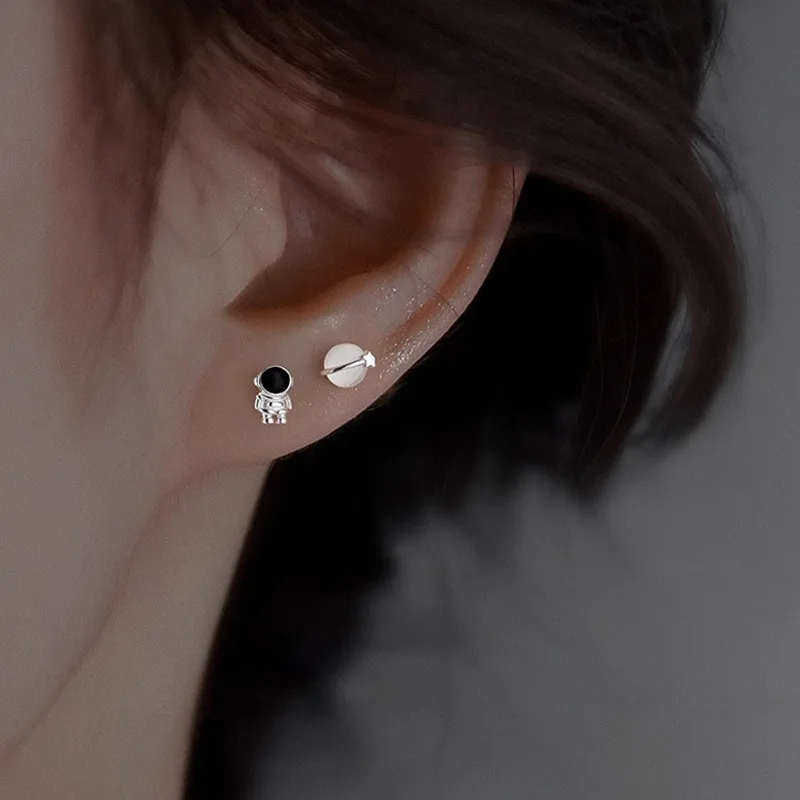 Astronaut & Planet Asymmetrical Stud Earrings, Simple Creative Women Ear Jewellery for Gift