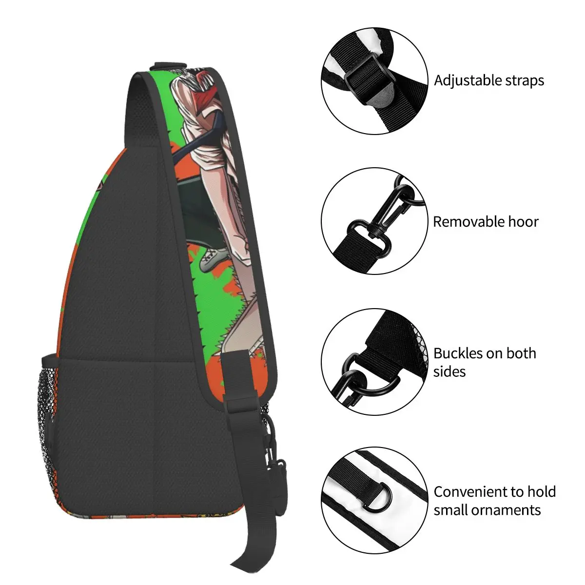 Motosserra Anime Crossbody Sling Bag para homens, bolsa de peito pequena mochila de ombro para caminhadas, bolsa de esportes ao ar livre