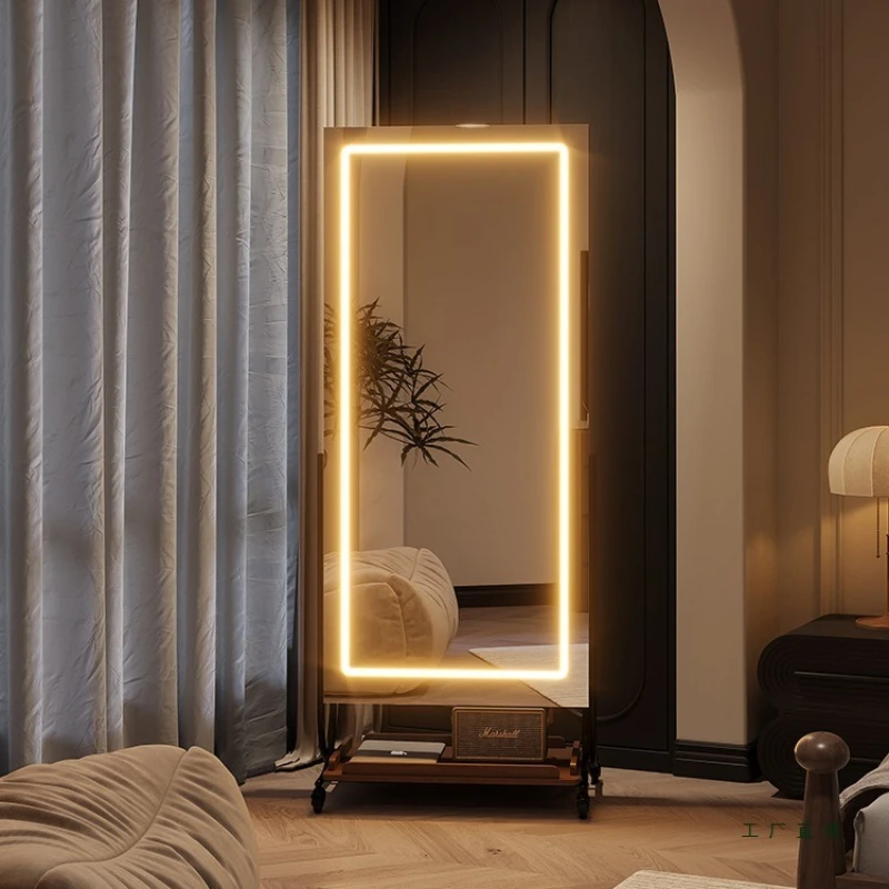 رف مجلات قابل للإزالة بطول كامل، مرآة من خشب الجوز لغرفة النوم، مرآة كاملة الطول من الأرض إلى السقف، رف تخزين للمجلات