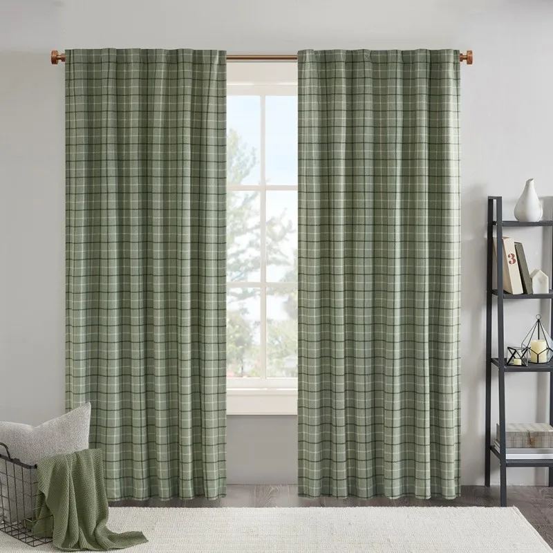 

Plaid Rod Pocket and Back Tab Curtain Panel with Fleece Lining Green 50x95