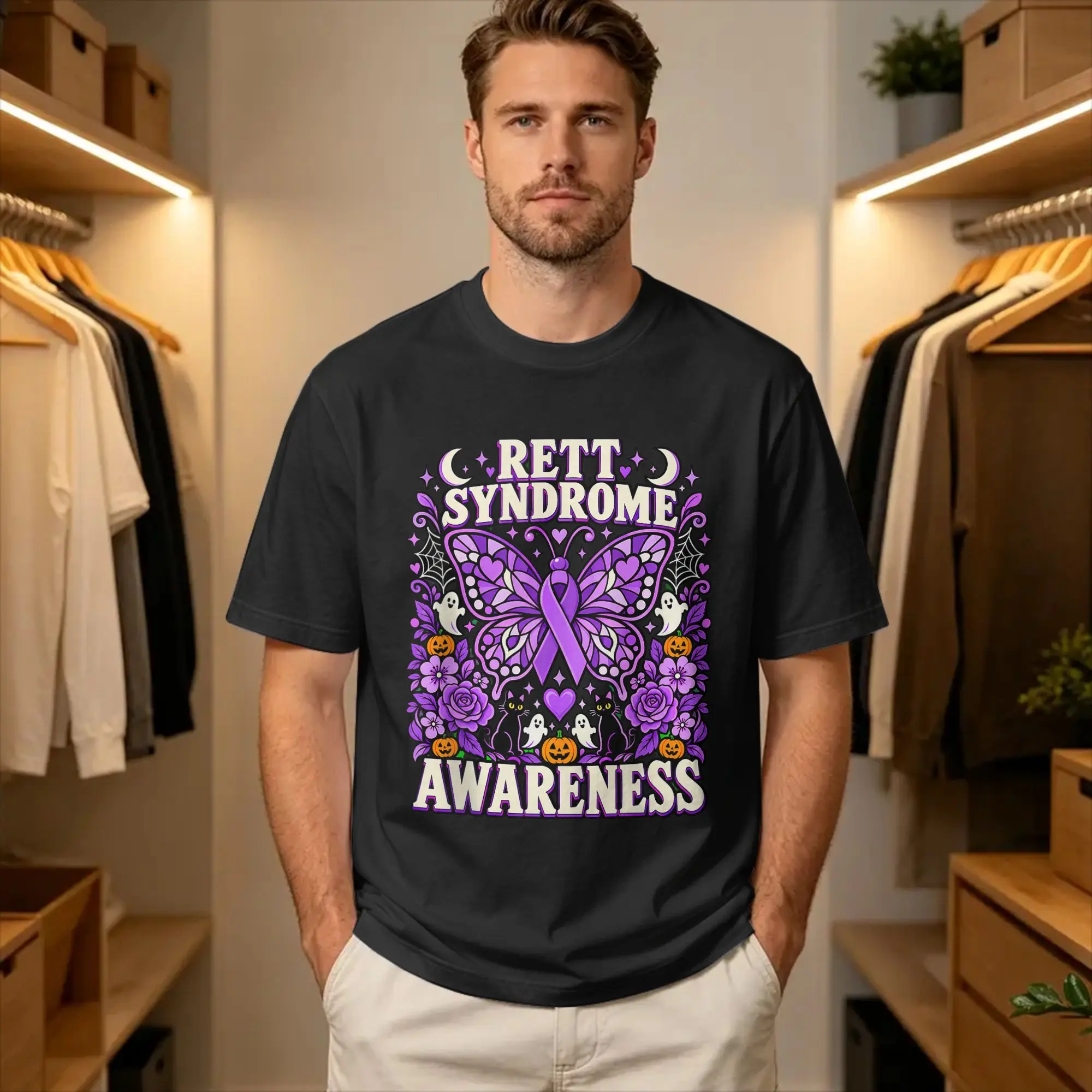 Men's T-Shirts Rett Syndrome Awareness Halloween Butterfly Cat Novelty Cotton Tee Shirt Short Sleeve  T Shirts O Neck Tops Adult