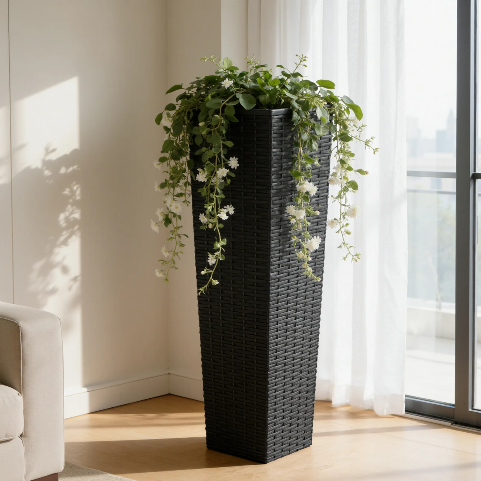 2PCS 32Inch Tall Planter Resin Rattan Texture Modern Rectangular Tall Plant Pot w Removable Inner Pots Drainage Holes for Porch