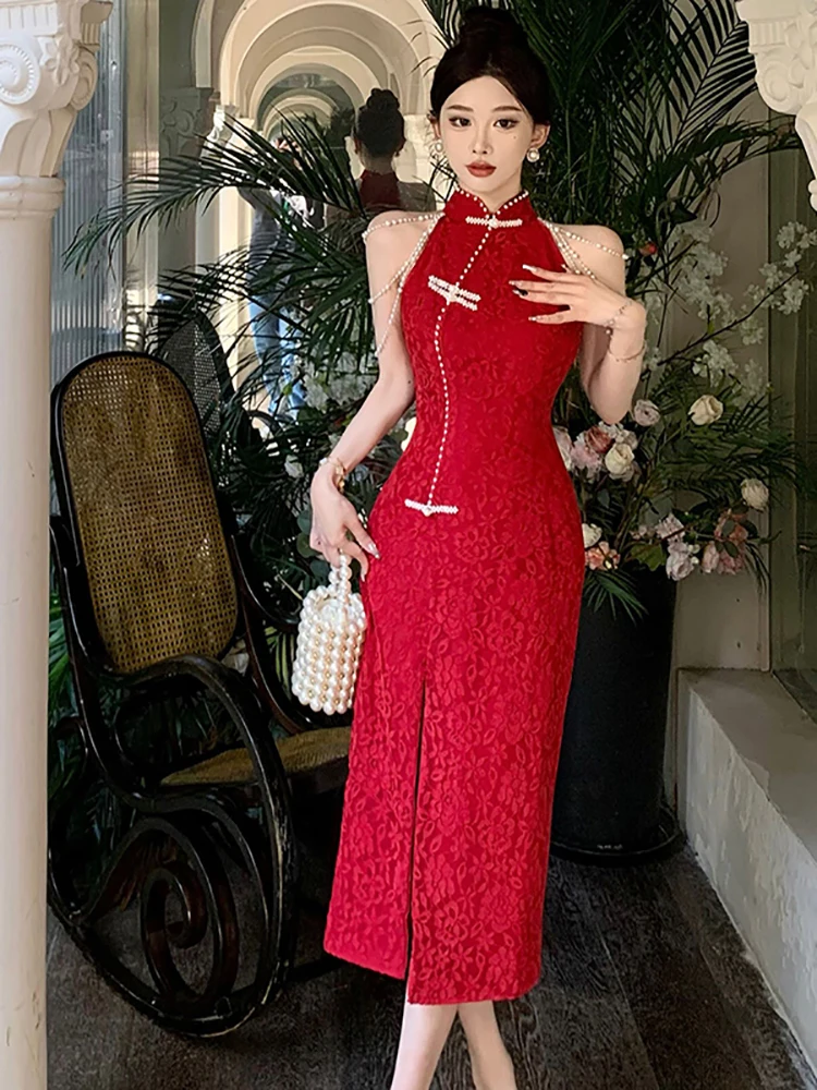 

Summer Red Lace Jacquard Beading Neck-mounted Long Dress Women Elegant Slit Sexy Dress 2025 Korean Vintage Bodycon Evening Dress