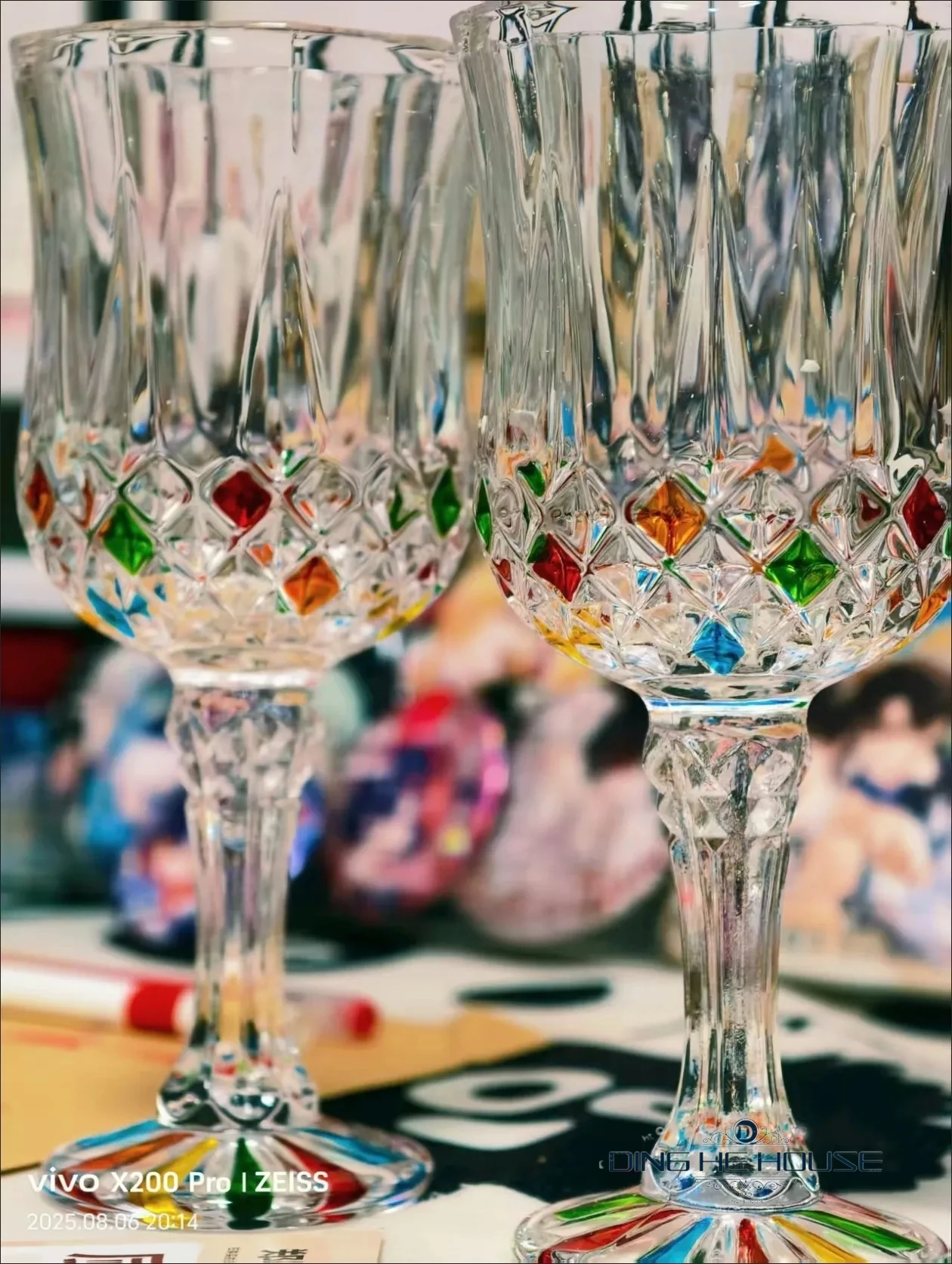 Hand Rainbow Drawn Crystal Glass Cup Creative Retro Tall Goblet European Relief Wine Glass Household Fashion Champagne Cocktail