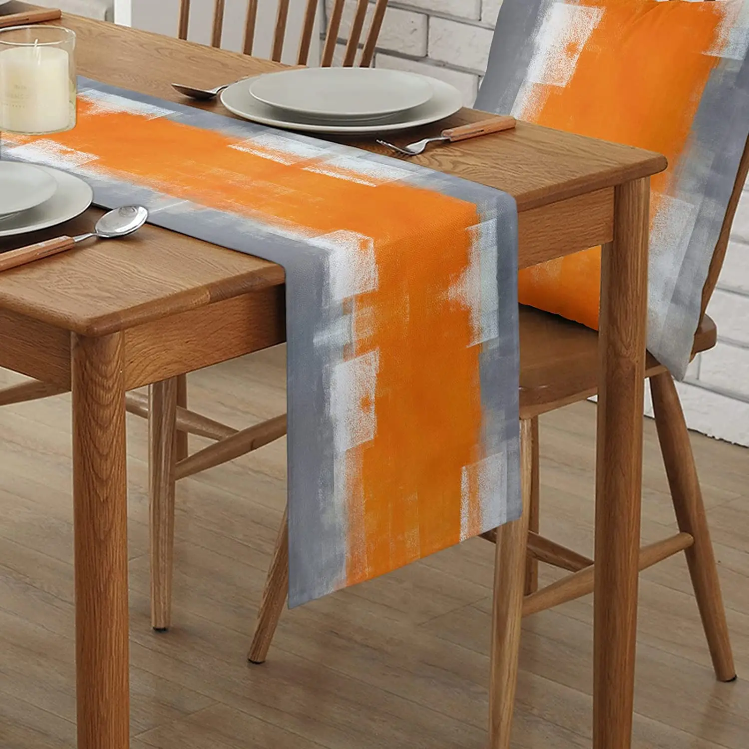 Abstract Gray and Orange Texture Linen Table Runner Wedding Decoration Washable Table Runner for Dining Table Party Decoration