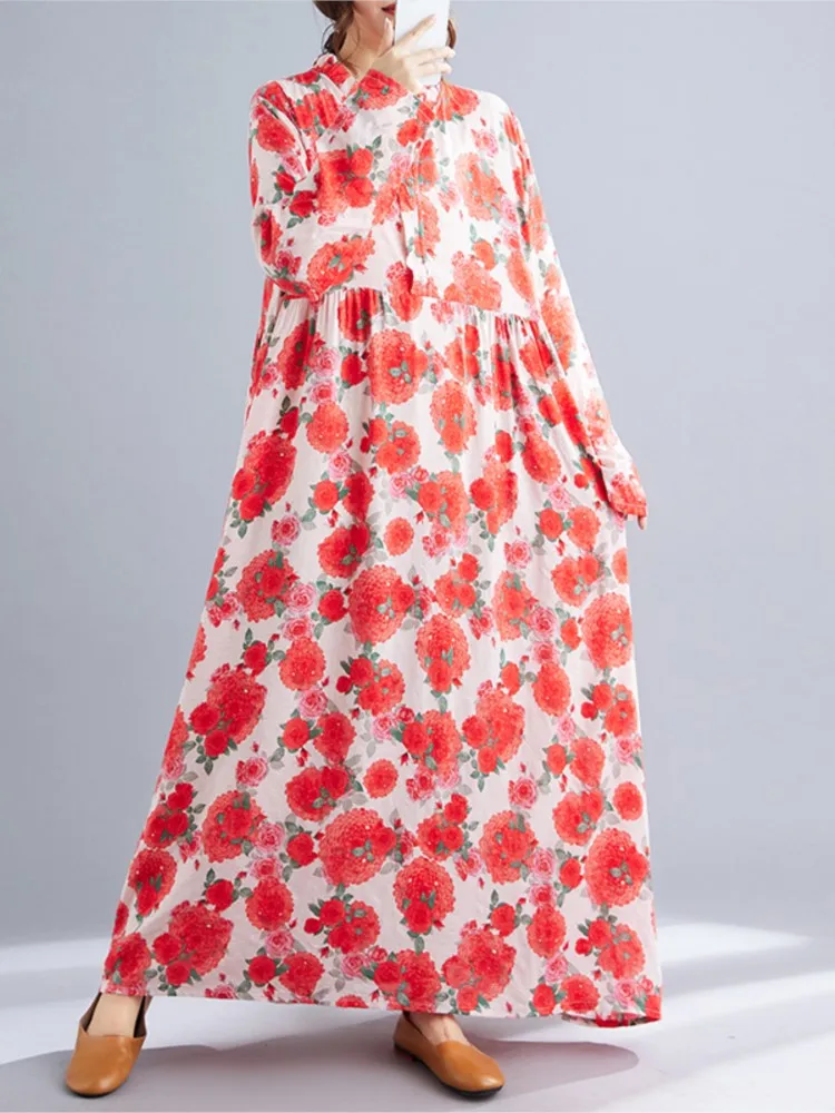 เดรสผ้าฝ้ายสไตล์โบฮีเมียนทรงหลวม แขนยาว ลายดอกไม้ สำหรับผู้หญิง