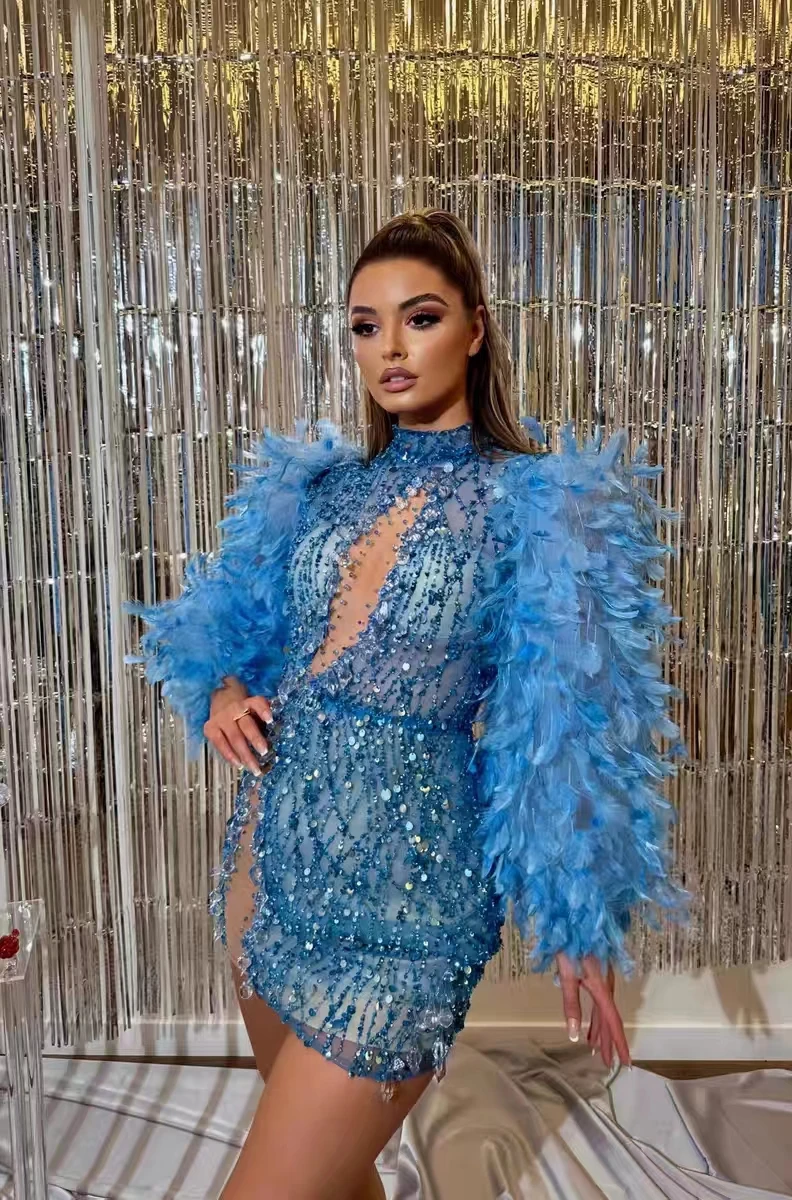 New Heavy Industry Light Luxury Feather Bubble Sleeves Sexy Sequin Hollow Wrapped Hip Skirt Nightclub Bar Singer Stage Dress