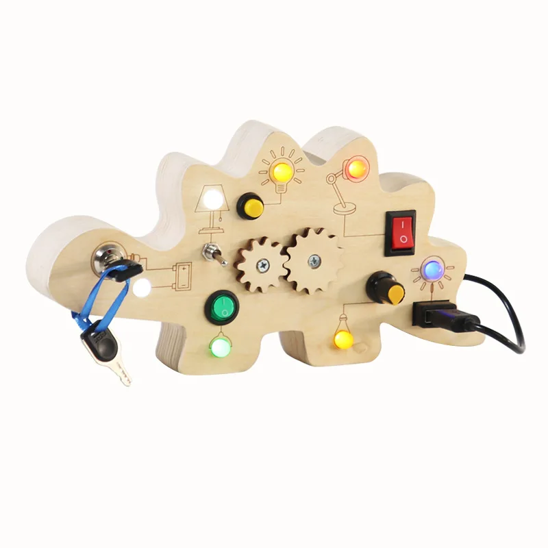 LED Busy Board Wooden Electronic Dinosaur Busyboard Switch Physical Educational Montessori Toys for Kids Daily Skill Training