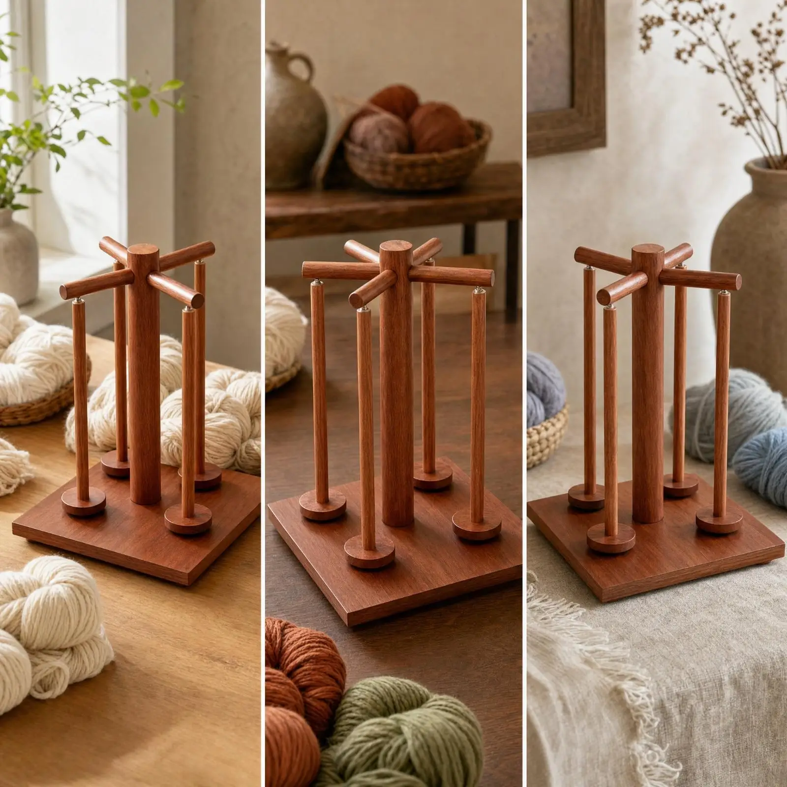 Wooden Yarn Holder with Four Axis Rotating Spindles for Yarn Cones Skeins Knitting Crochet Tabletop Organizer Stable Base Craft