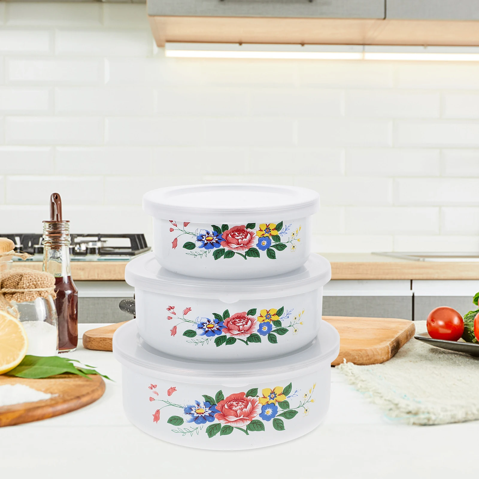 

3pcs Enamel Set Vintage Flowers Design Large Medium Small Multifunctional Bowl Size Food Storage Bowls Practical Kitchen Use