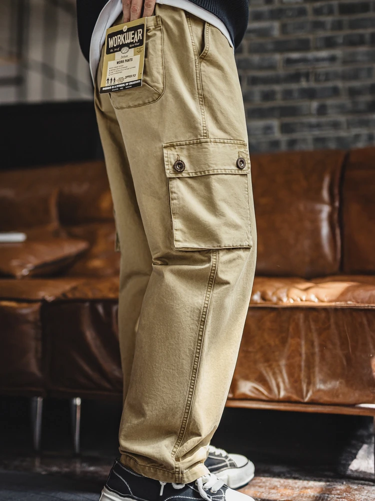 

Maden American Retro M5 Khaki Color Multi ket Casual Pants Waed Straight Leg Long Men's Autumn Season Breathable Cotton