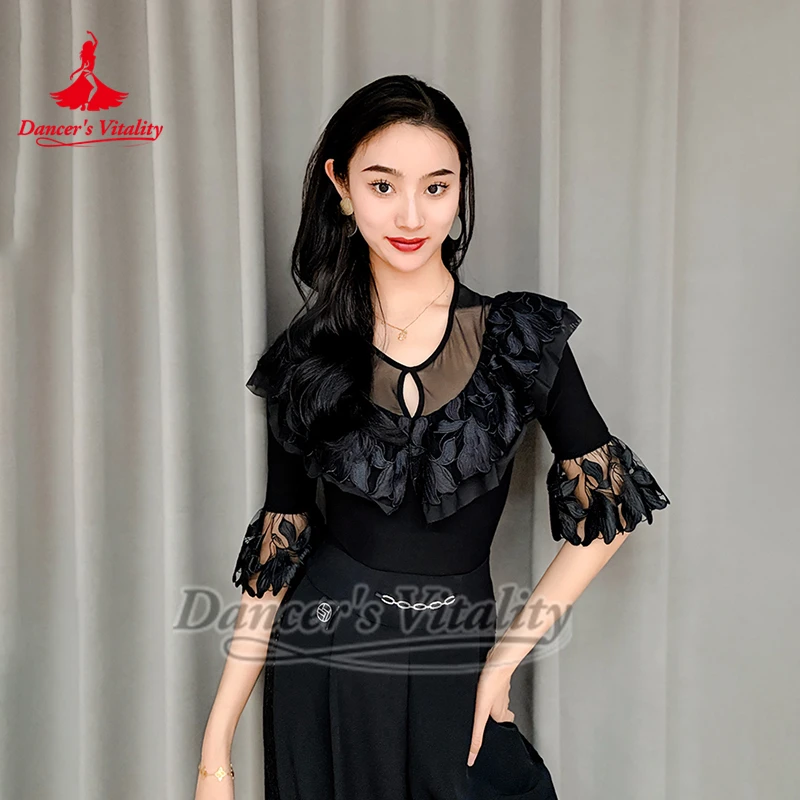 Top da allenamento a mezze maniche con ricamo standard per sala da ballo, valzer latino per adulti, tango, rumba, pratica professionale, tuta da ballo