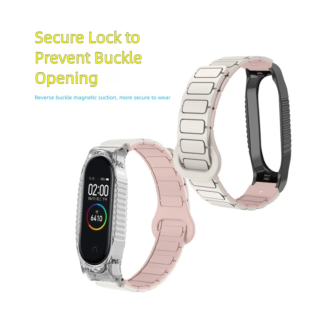 حزام حلقة ساعة مغناطيسي لـ Xiaomi Mi Band 3/4/5/6/7/8 نمط درع صديق للبشرة من السيليكون سريع الإصدار رياضي للرجال والنساء